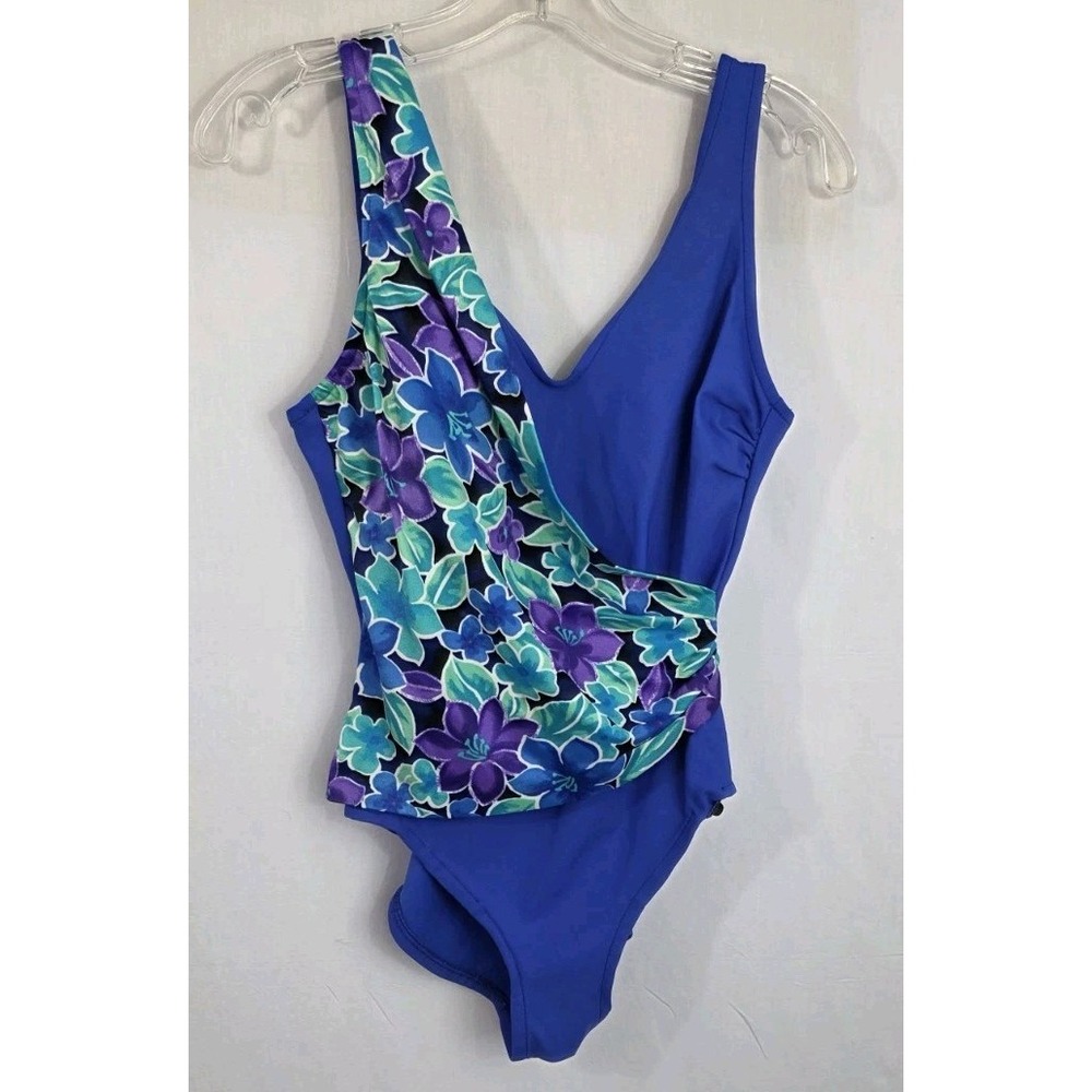 Subtle Shaper Sz 10 1-Piece Swimsuit Womens  Blue Floral Cross Top Yummy Control